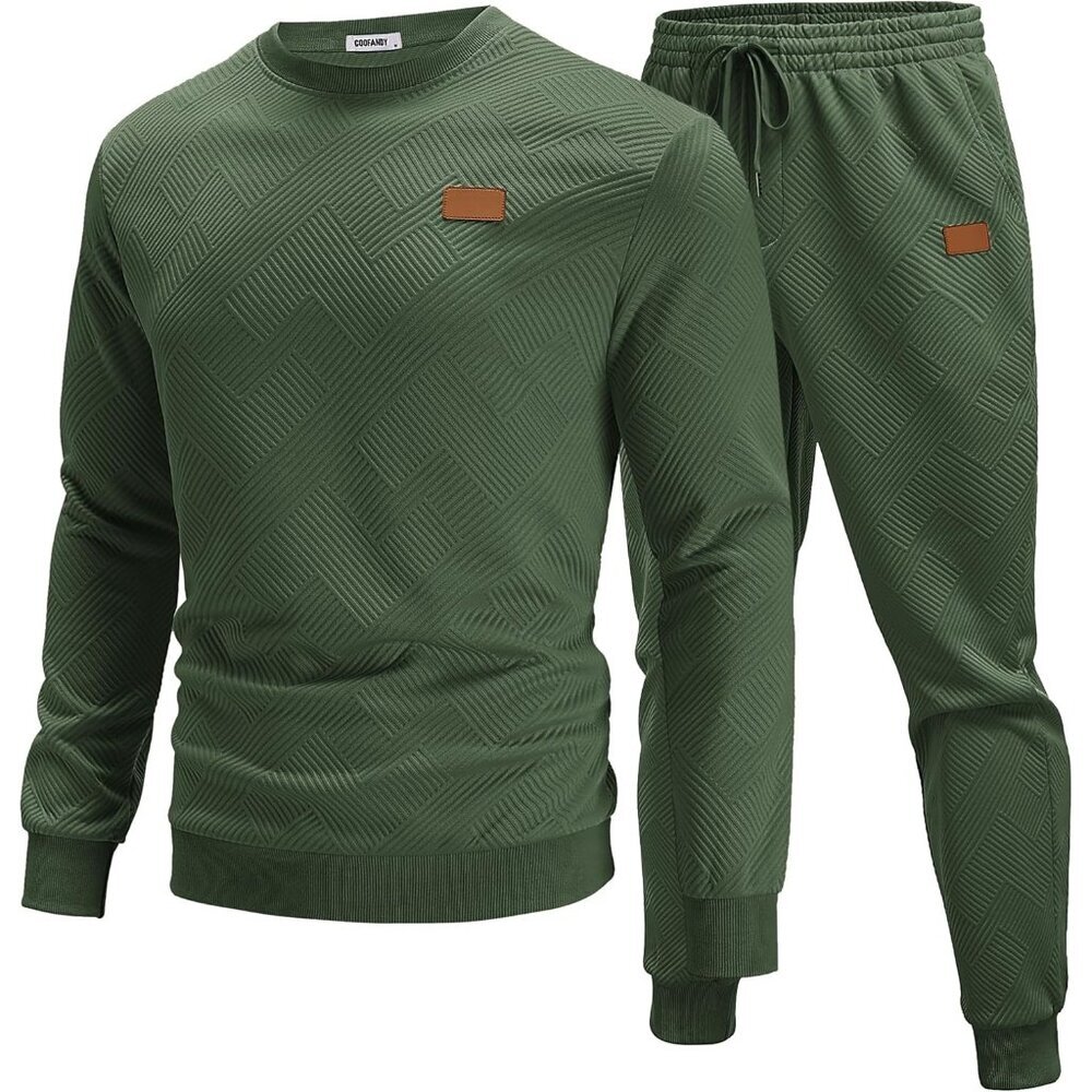 Men's 2 Piece Sweat suit Jogging Suit Sets Long Sleeve Jacquard Shirt Army Green